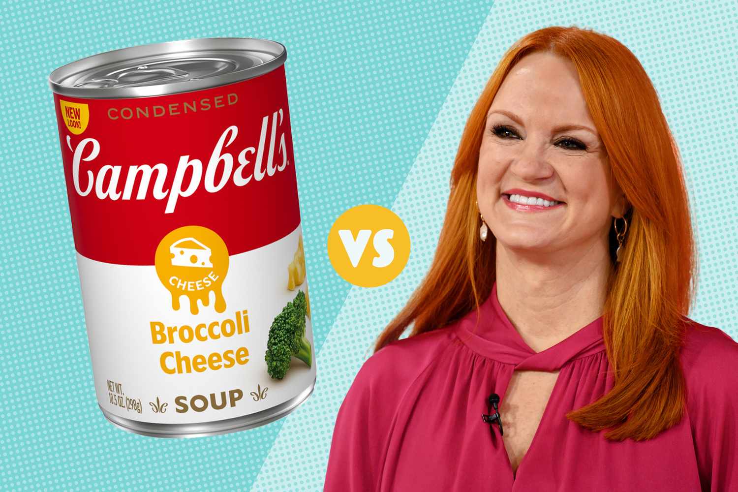 Ree Drummond alongside a Campbells broccoli cheese soup can