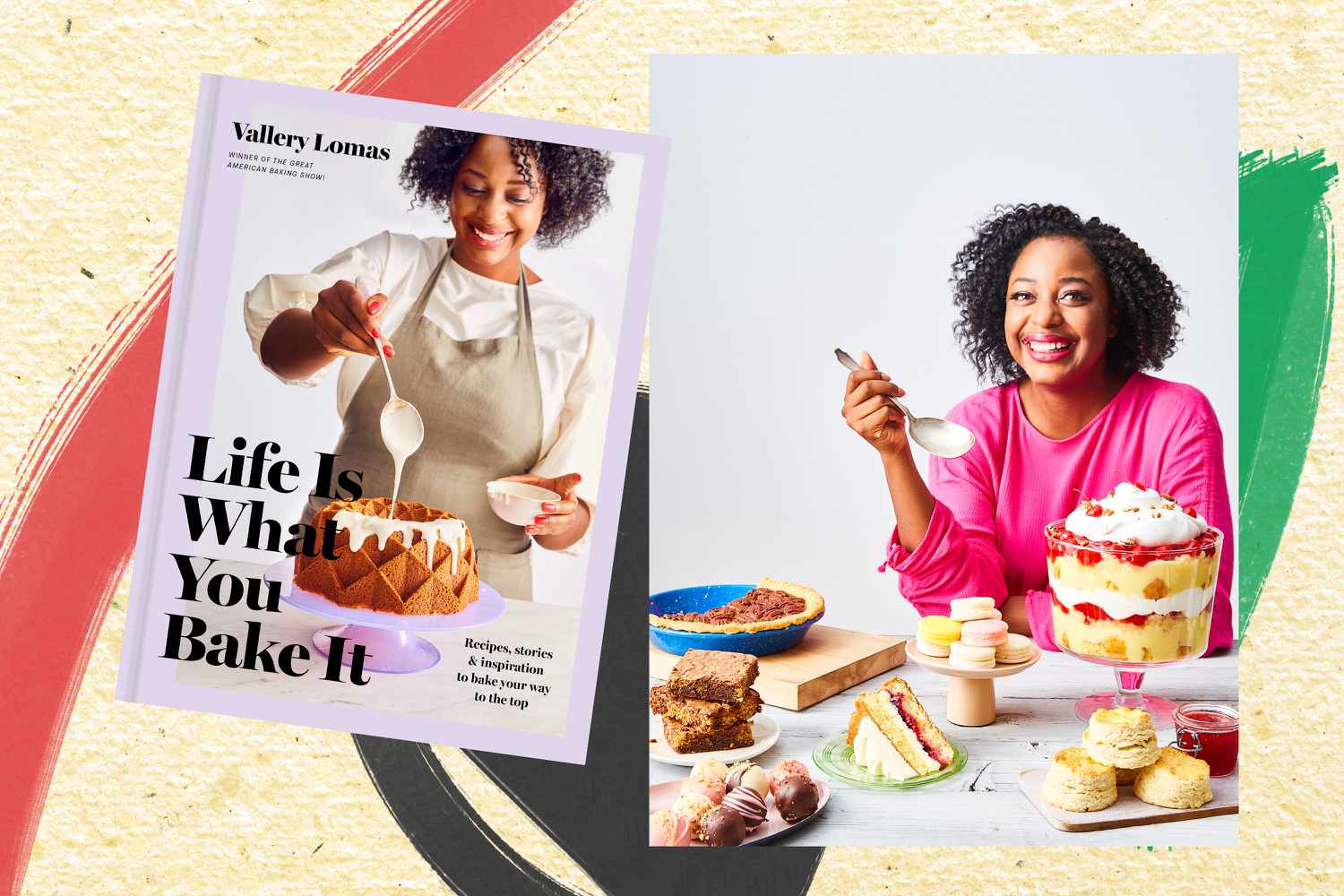 Life Is What You Bake It cookbook next to Vallery Lomas collage 