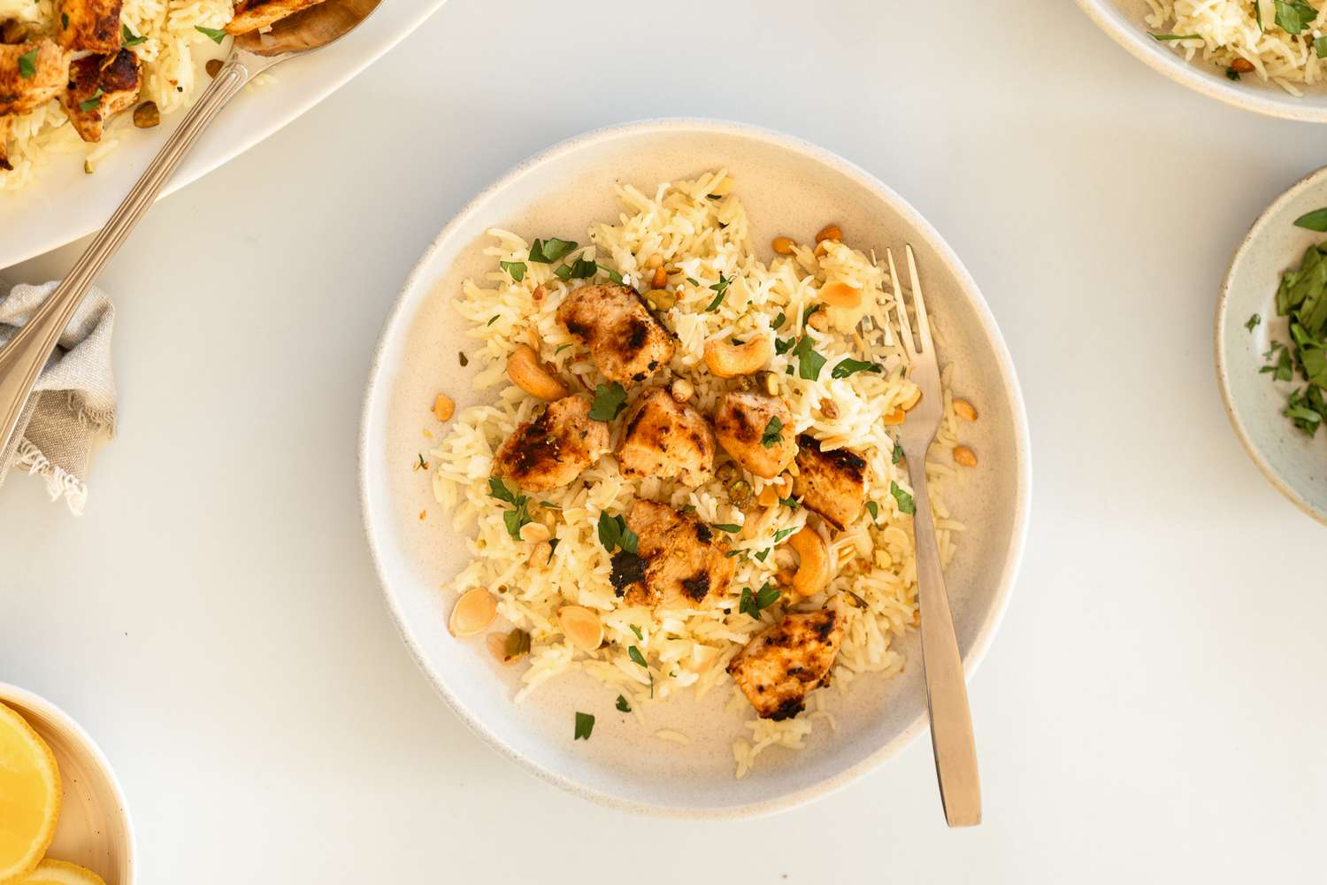 Overhead shot of a plate with a serving of Nigella Lawson's chicken rice recipe