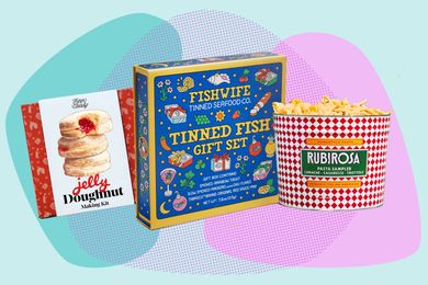 A donut making kit a tinned fish gift set and a pasta sampler on an abstract background
