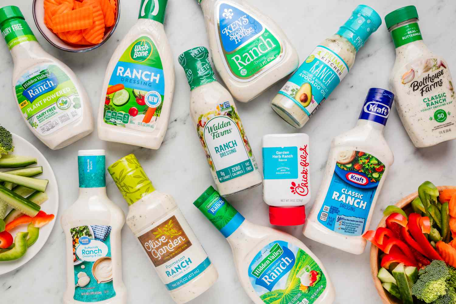 Bottles of ranch dressing (all different brands) on the counter