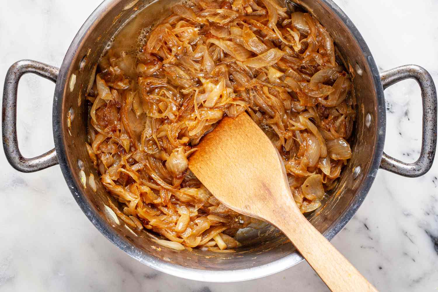 Vegetarian French onion soup with mushroom broth.