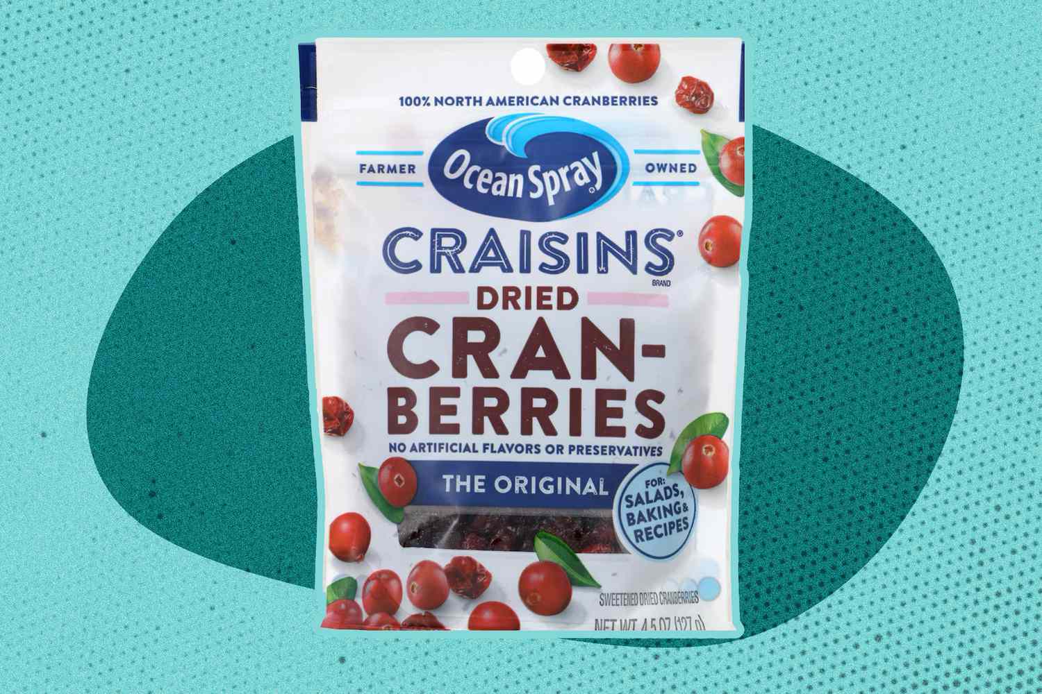 bag of OceanSpray Craisins against a graphic background