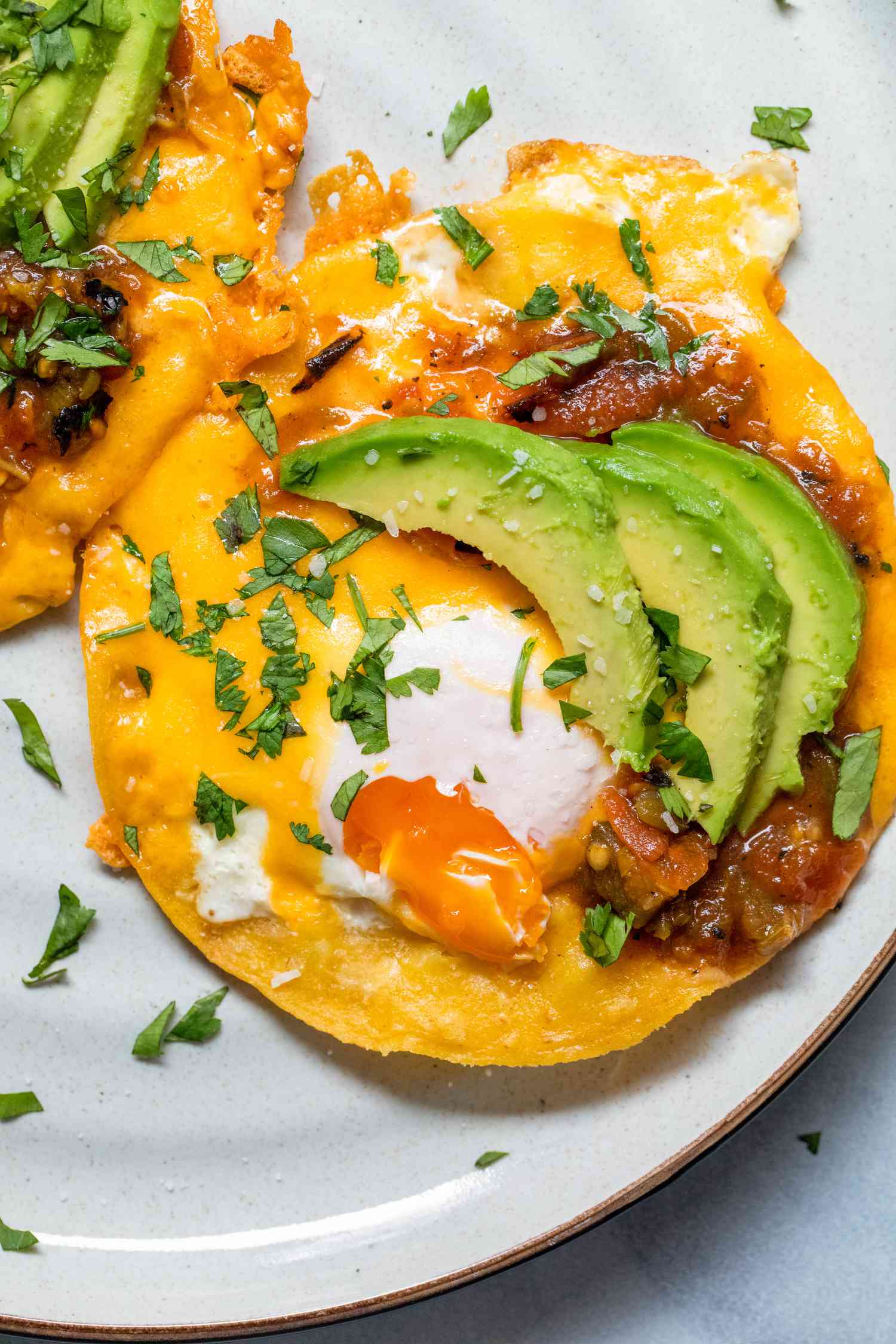Fried egg taco with avocado, cheddar, and salsa