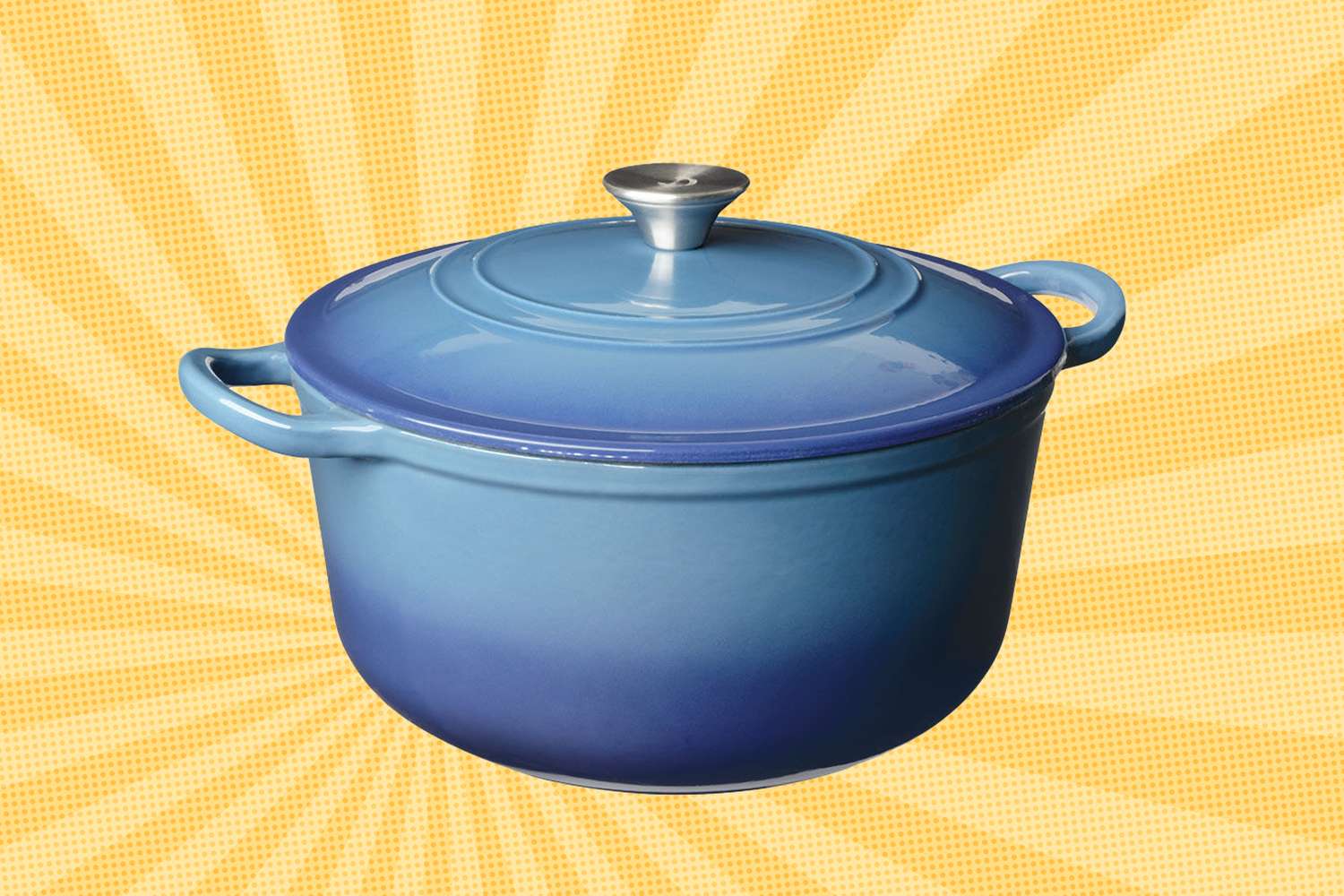 A lidded cast iron Dutch oven with handles set against a patterned background