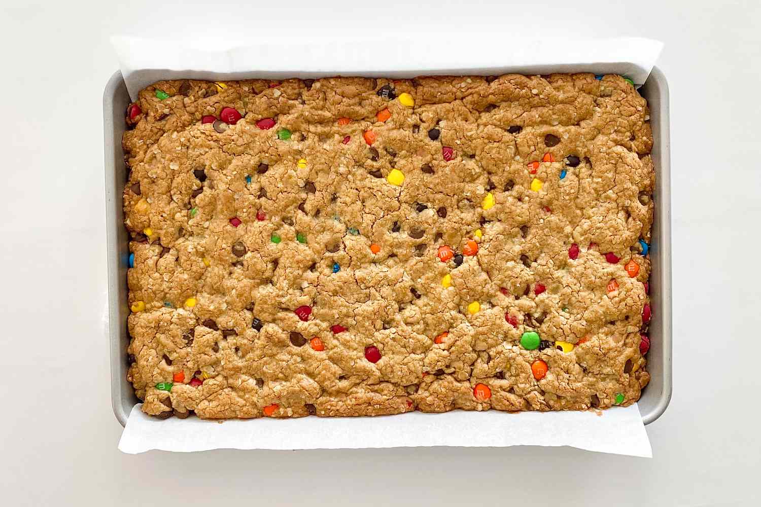 Gluten-Free Sheet Pan Monster Cookies baked in pan.