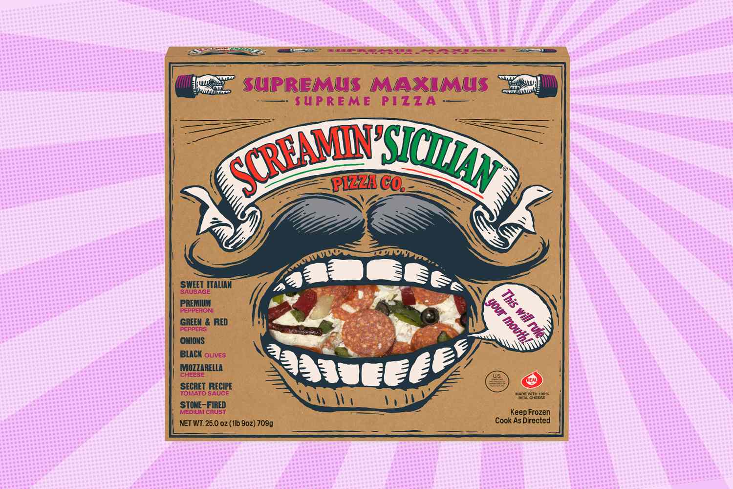 Screamin Sicilian frozen pizza packaging with graphic design featuring a stylized open mouth with pizza inside on a pink background