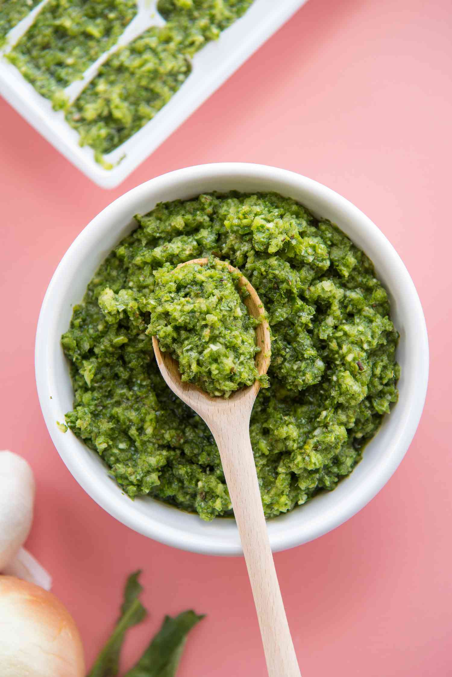 Recaito in a Bowl with Spoon with Recaito in Ice Tray 