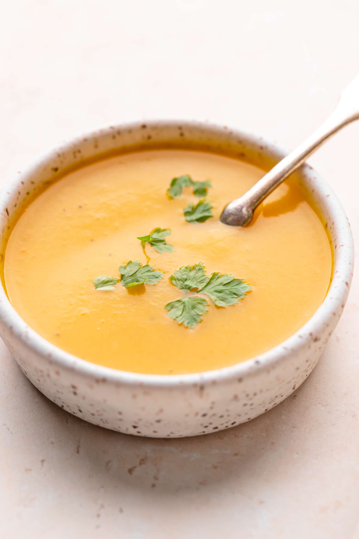 A bowl of butternut swuash soup.