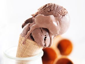 Double scoop of chocolate ice cream cone set in a dish.