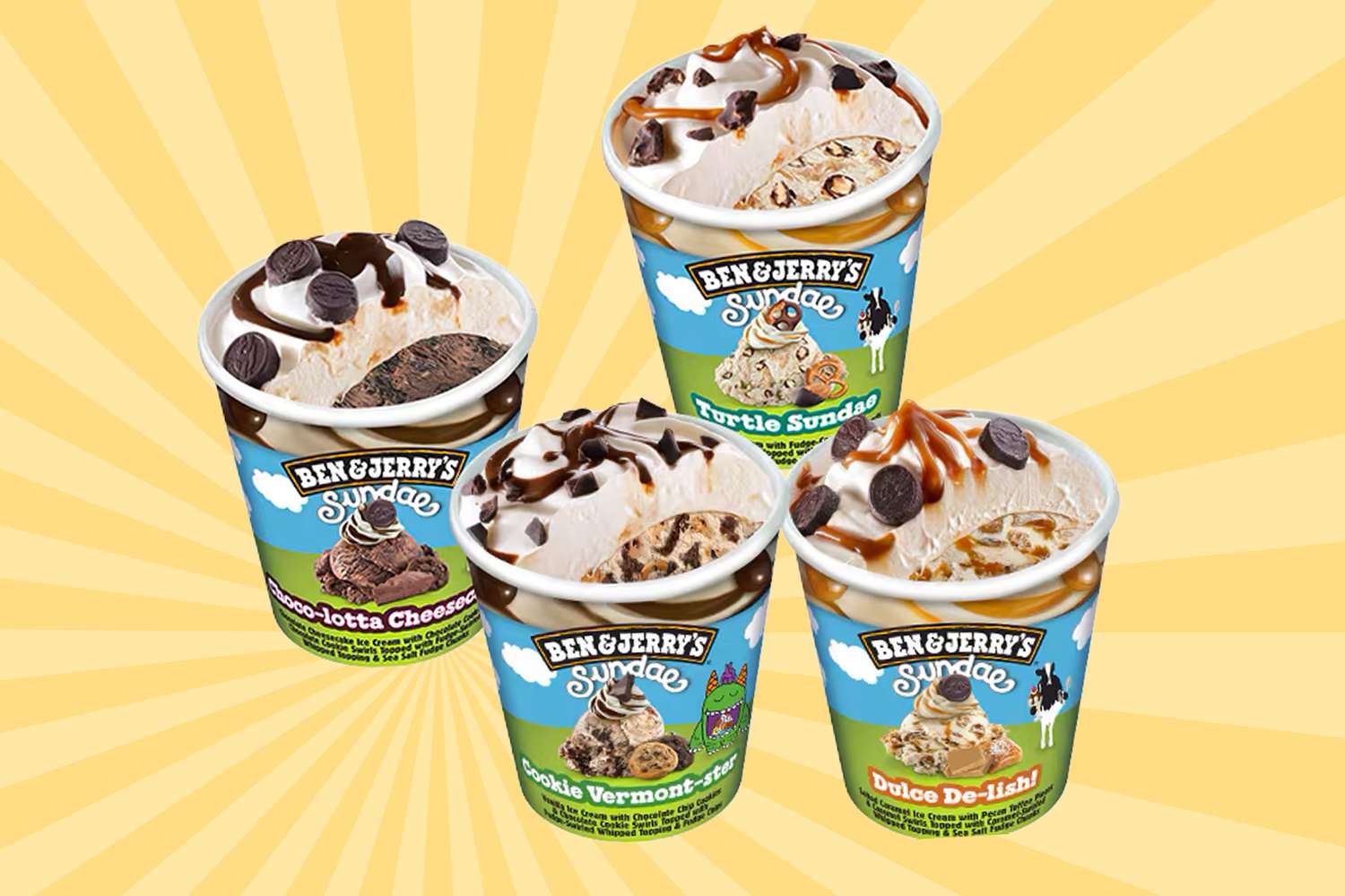 Four Ben & Jerry's ice cream pints on a yellow illustrated background