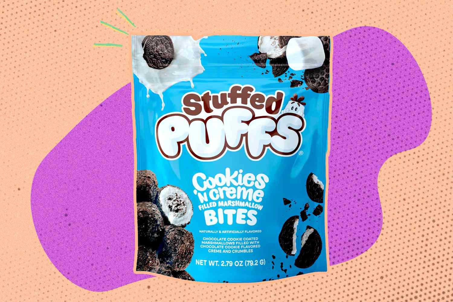 A package of Stuffed Puffs Cookies 'n Creme Marshmallow Bites on a colorful background