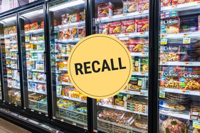 Supermarket frozen food aisle with a recall sign overlaid