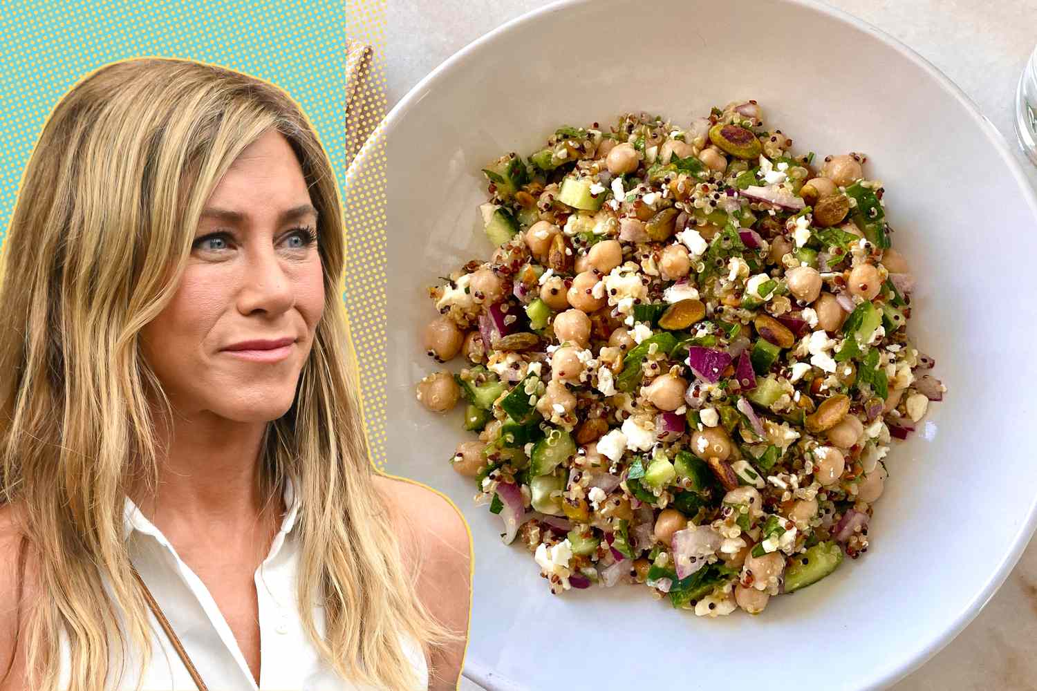 Headshot of Jennifer Aniston (long, blond hair, blue eyes) next to a photo of her salad, which contains chickpeas, cucumber, red onion, and feta