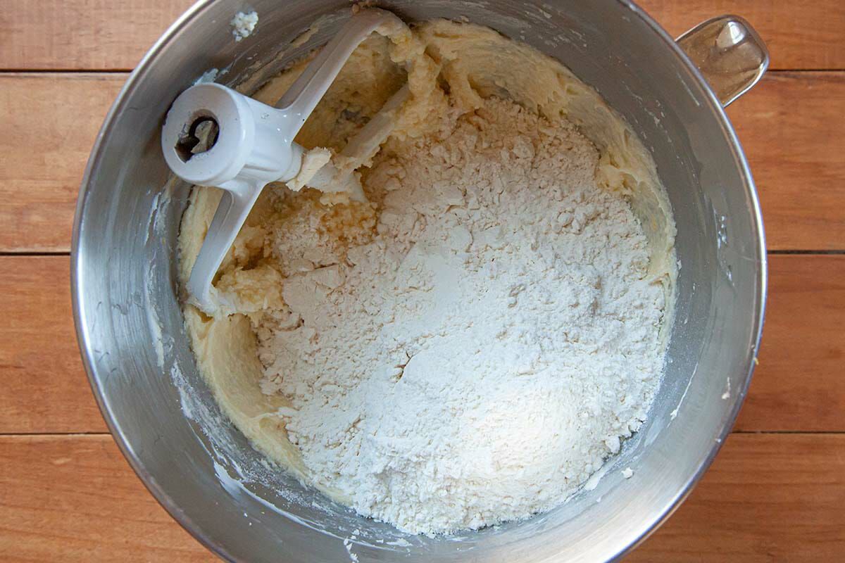 Flour added to mixer bowl for Homemade Sugar Cookies.