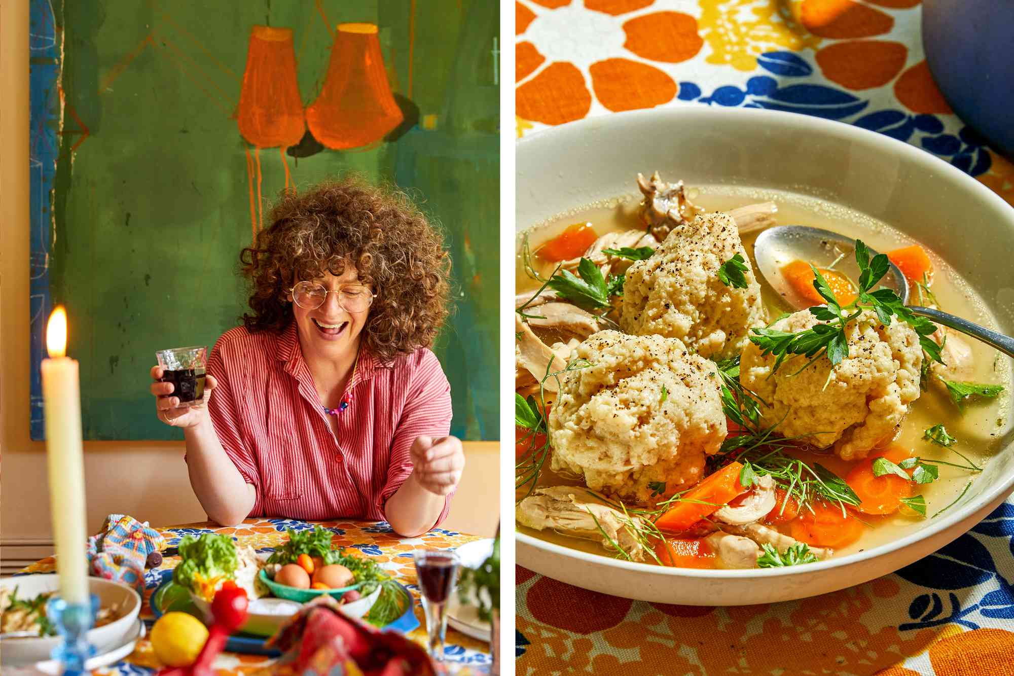 Zoe laughing at the table with a tight crop of food 