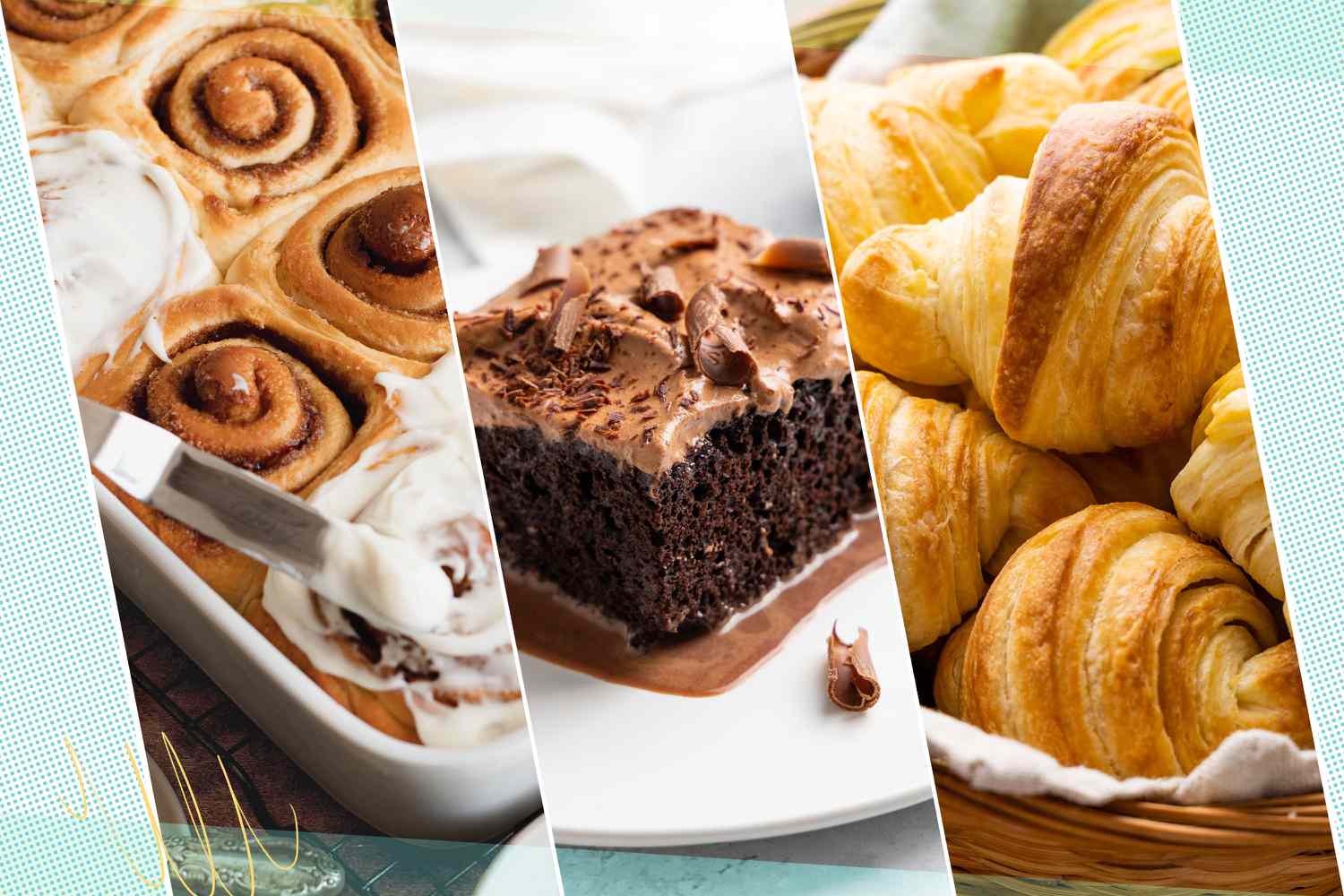A collage of three baking projects: cake, croissants, and cinnamon rolls