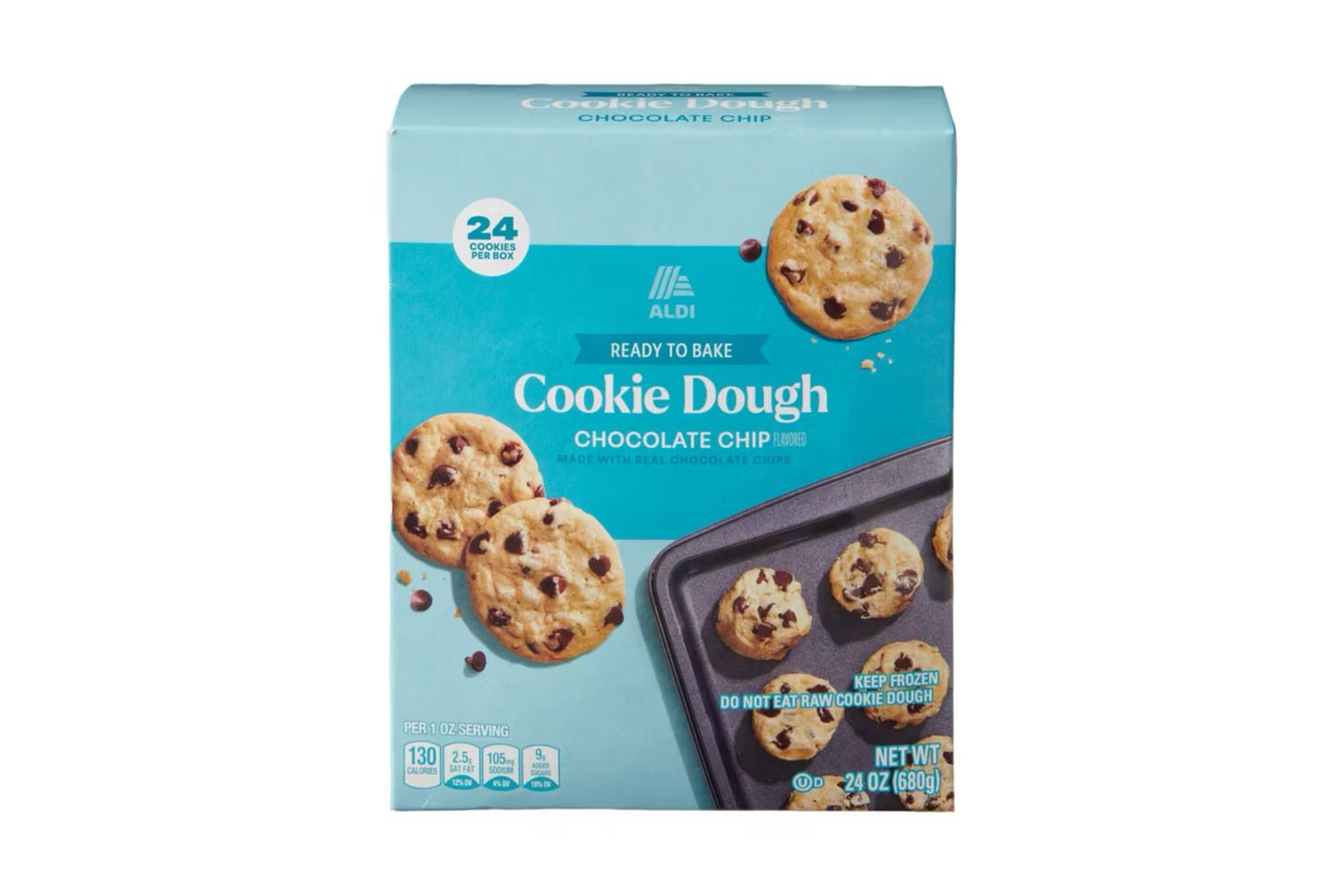 Package of Aldis Ready to Bake Chocolate Chip Cookie Dough showing cookies and a baking tray