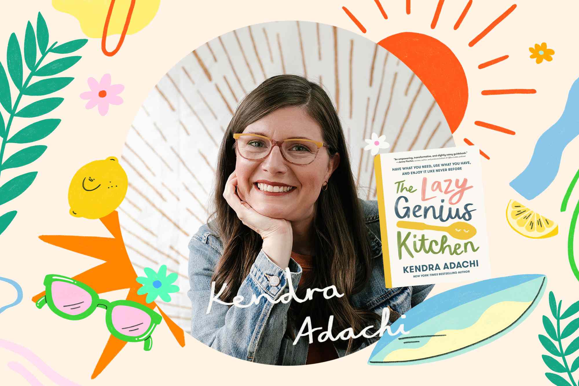 Kendra Adachi headshot with The Lazy Genius Kitchen book