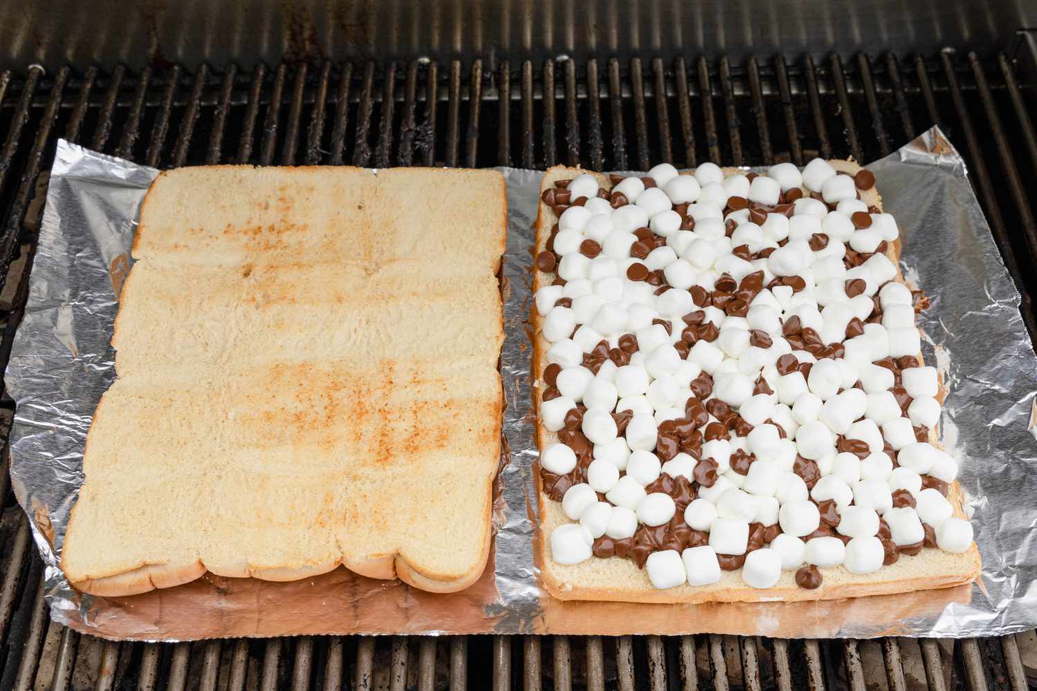Both Halves Toasted and the Chocolate and Marshmallows Are Melted (Still on Aluminum Foil on the Grill)