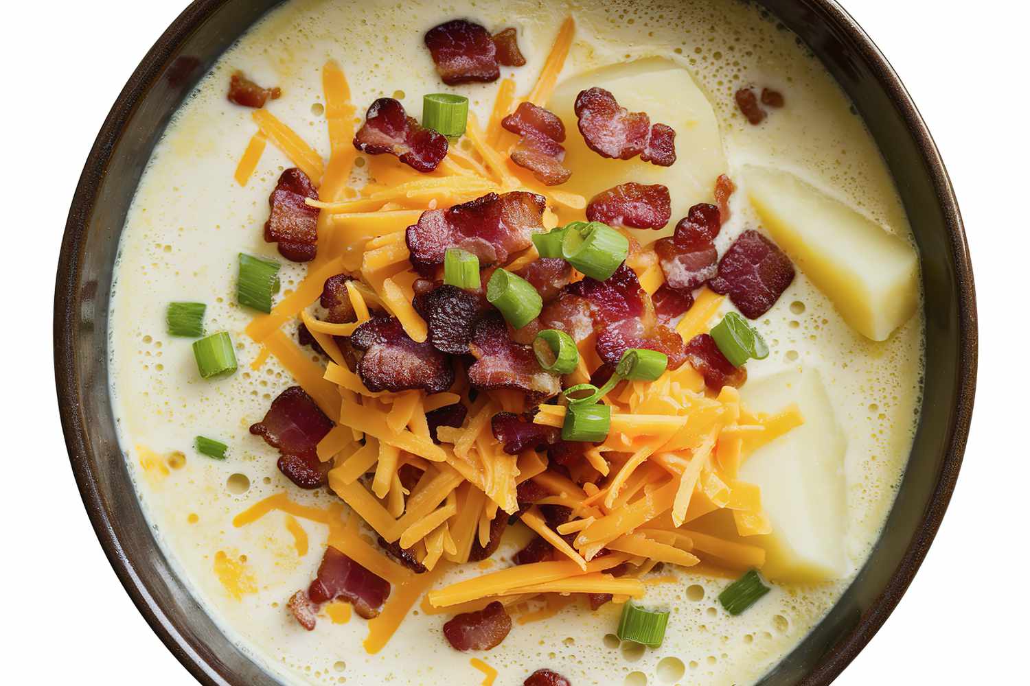 potato soup in a brown bowl