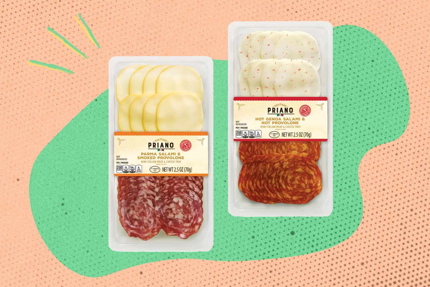 Two packaged trays of Italian meat and cheese labeled Priano