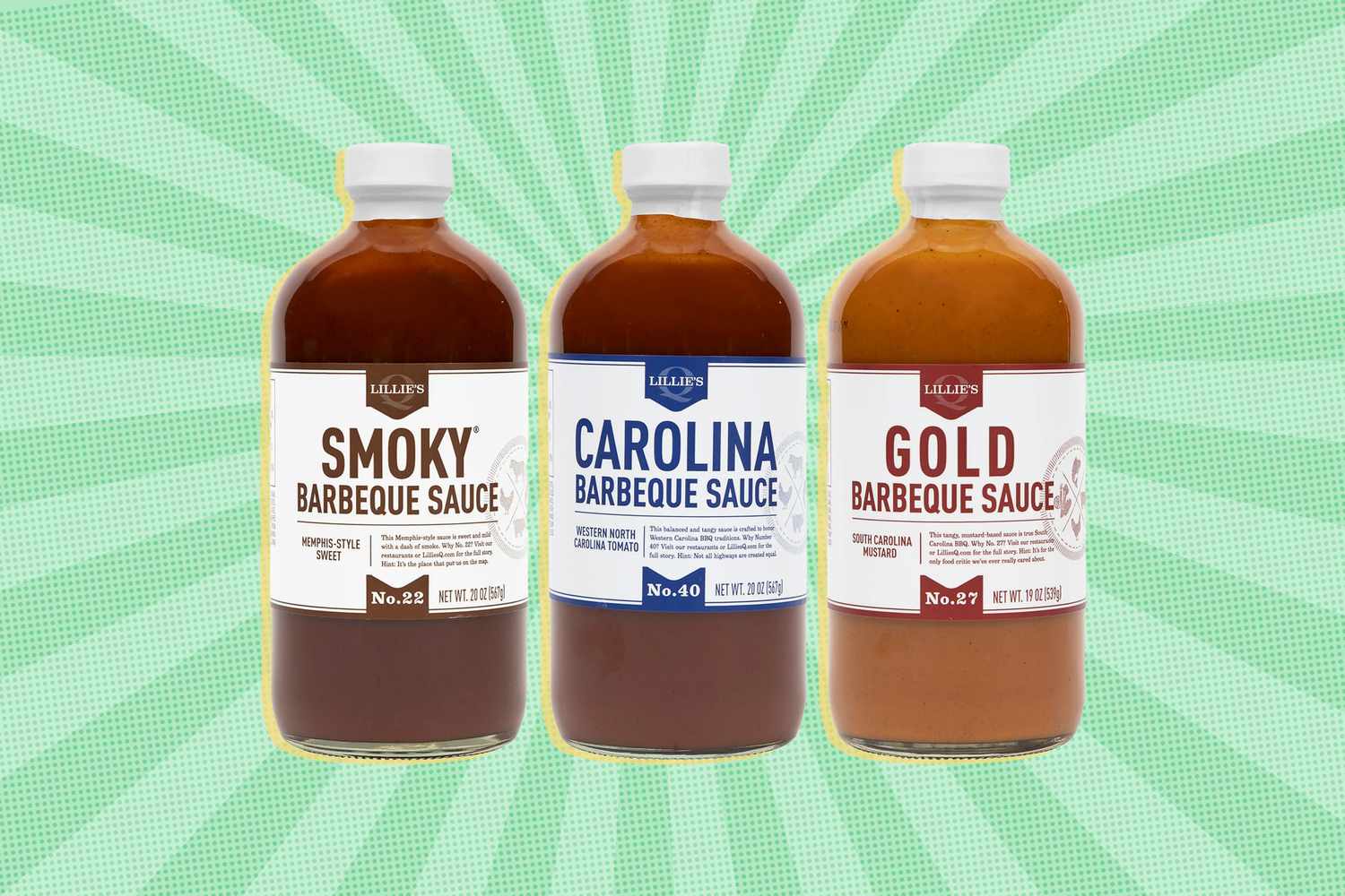 three bbq sauces over a colorful background