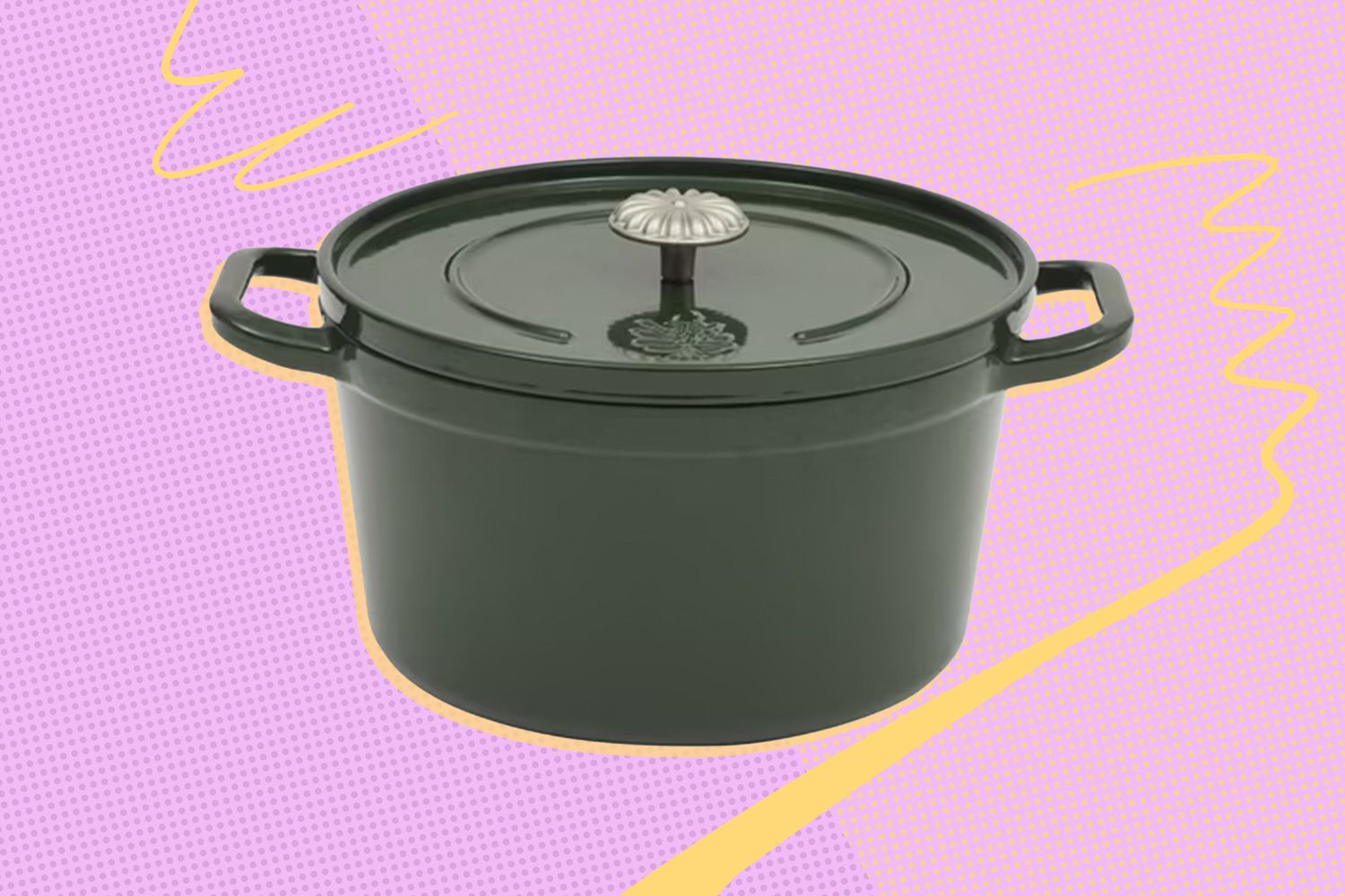 Cast iron Dutch oven with lid and handles on a patterned background