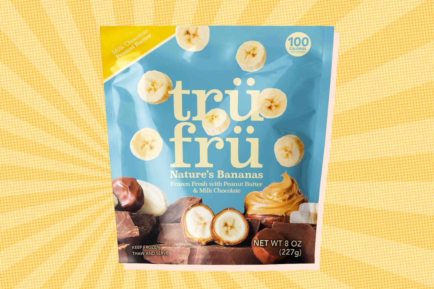 Packaging of Tru Fru frozen bananas snack with peanut butter and chocolate