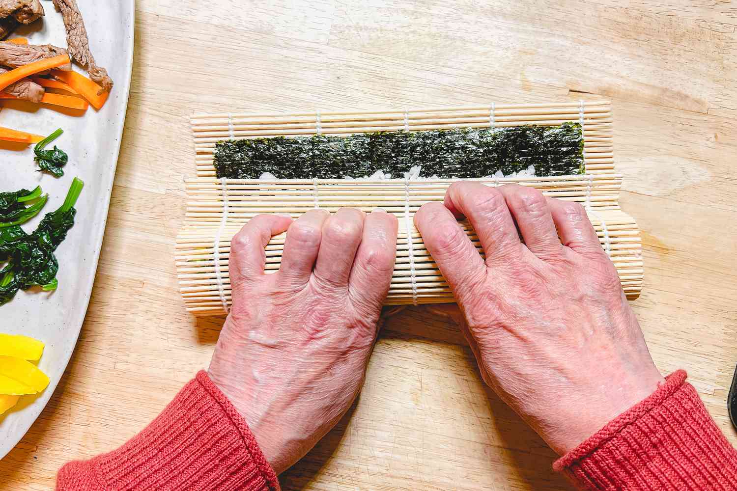 Classic Kimbap with Filling Rolled Using Sushi Roller