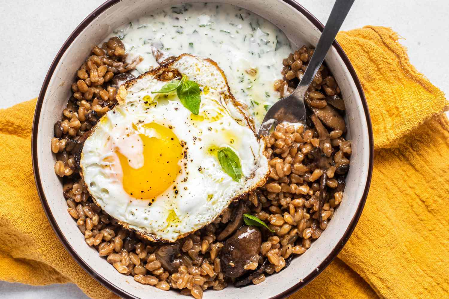 A fried egg on top of a grain bowl with mushrooms and a yogurt sauce