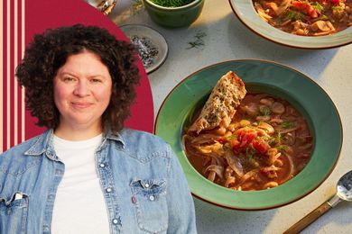 Portrait of Julia Turshen alongside bowls of tomato, white bean, and fennel soup