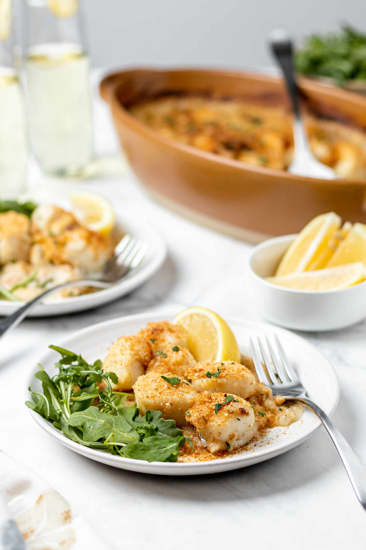 Baked scallops on a plate for dinner