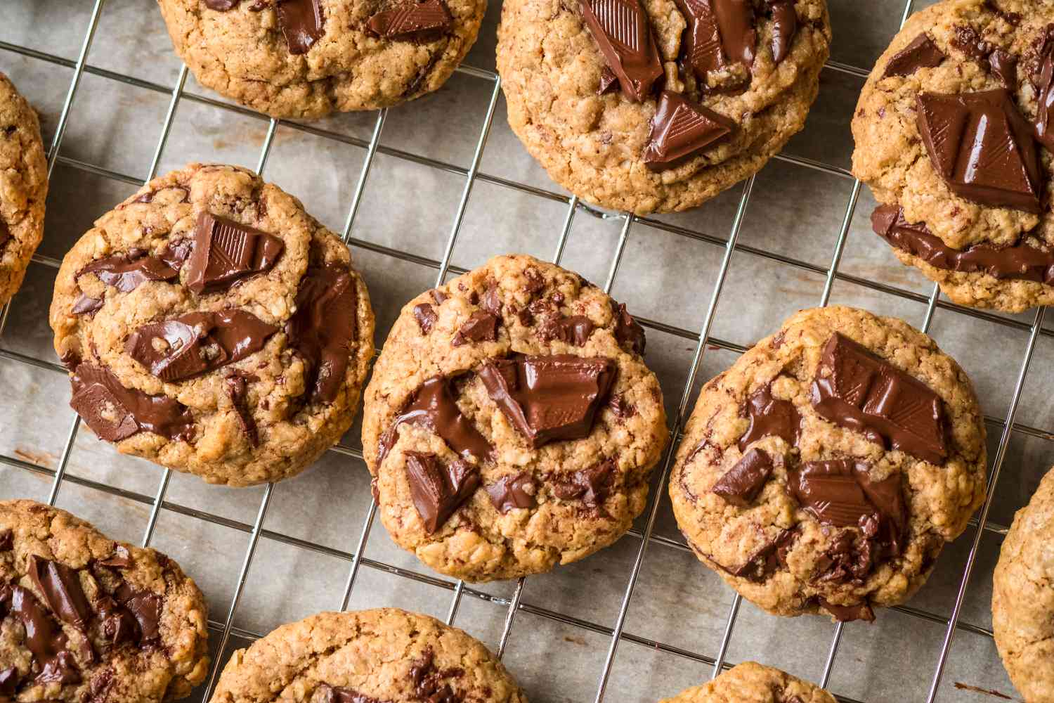 Chocolate chip cookies on a cooling rack