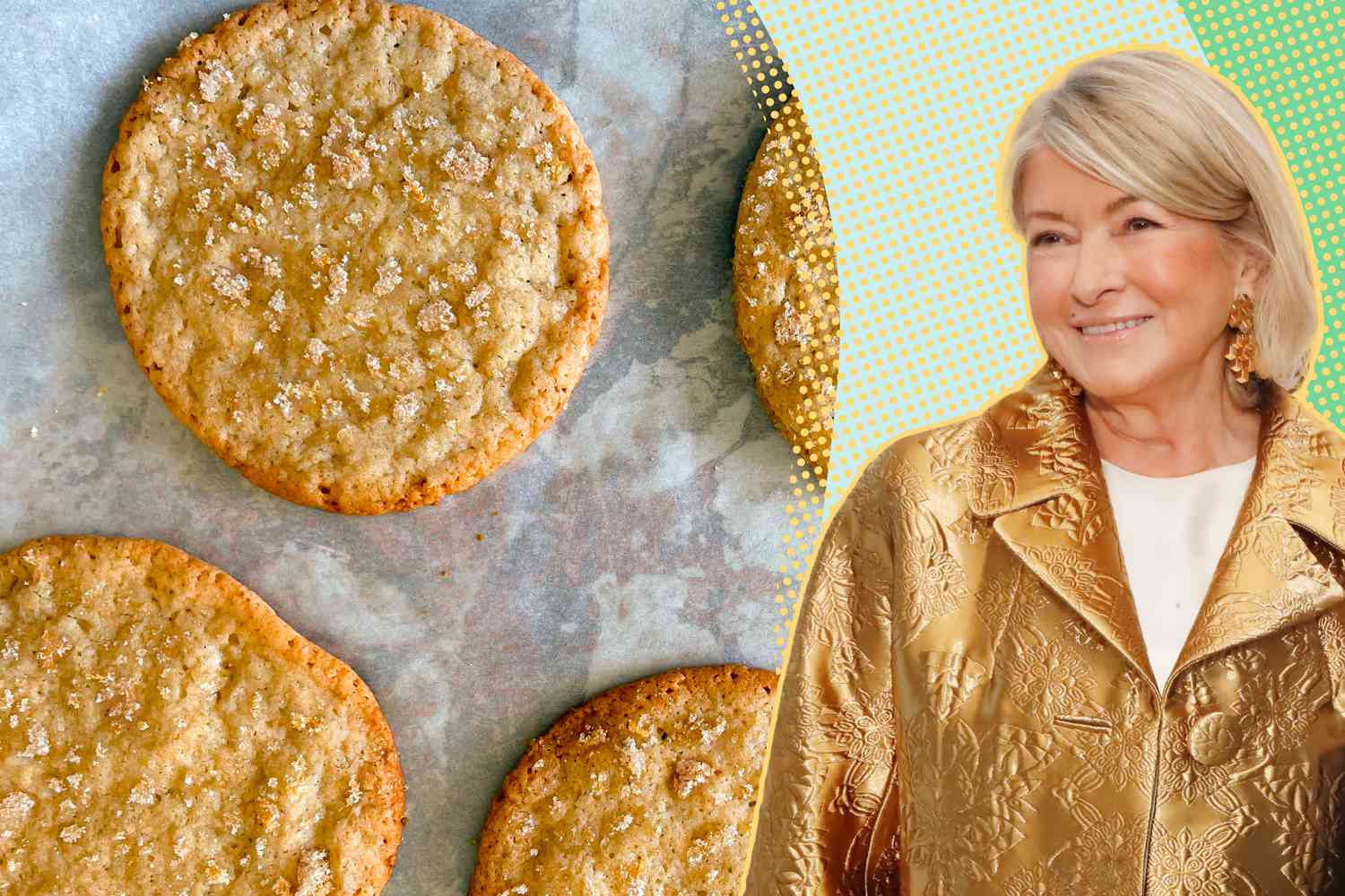 Image of four lemon sugar cookies on parchment paper next to an image of Martha Stewart wearing a gold colored outfit over a light blue and green speckled background