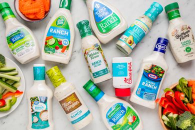 Bottles of ranch dressing (all different brands) on the counter