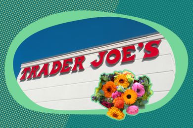 Trader Joe's Store Logo on the Building Surrounded by Fun Green Illustrations and a Bouquet of Flowers