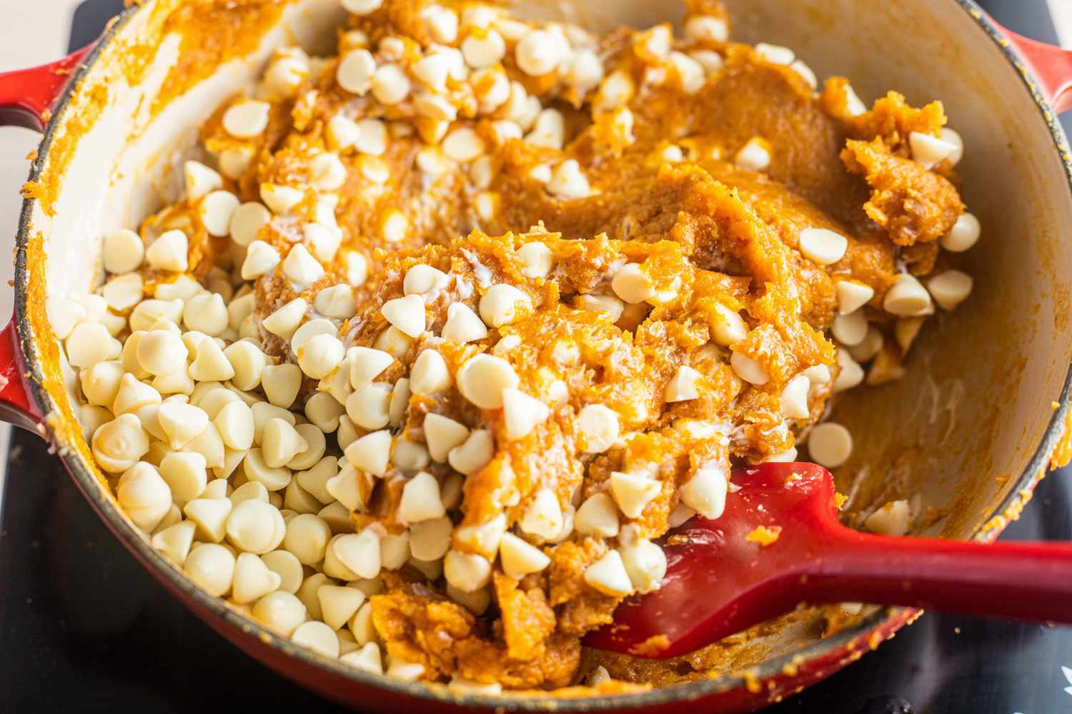 White Chocolate Chips Mixed into Skillet 