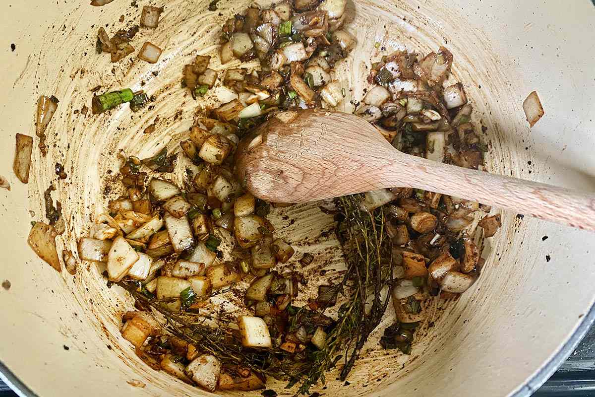 Sauteed ingredients for Jamaican Beef Stew.