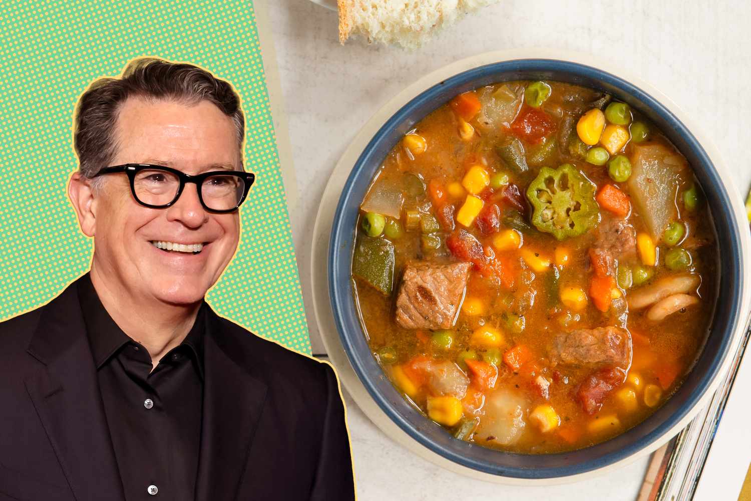 Stephen Colbert alongside a bowl of vegetable soup