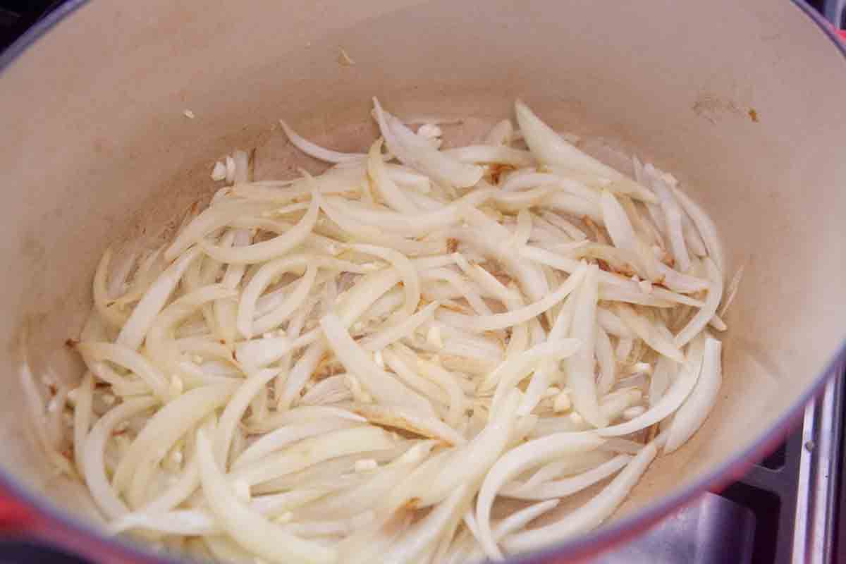 browned sliced onions and garlic for panade