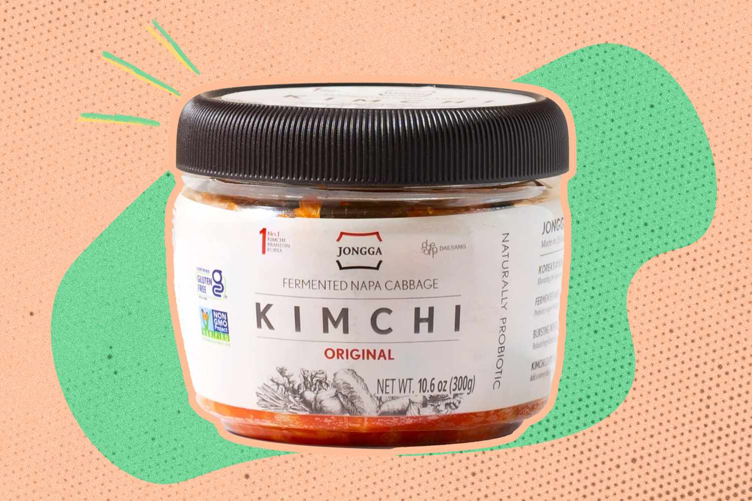 A jar of Jongga kimich on an illustrated background