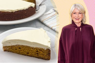 Martha Stewart beside a frosted pumpkin cake slice on a plate