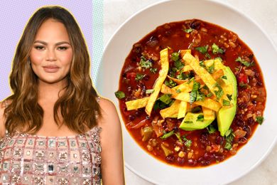Headshot of Chrissy Teigen next to a bowl of her Veggie Tortilla Stew topped with tortilla strips, avocado and cilantro
