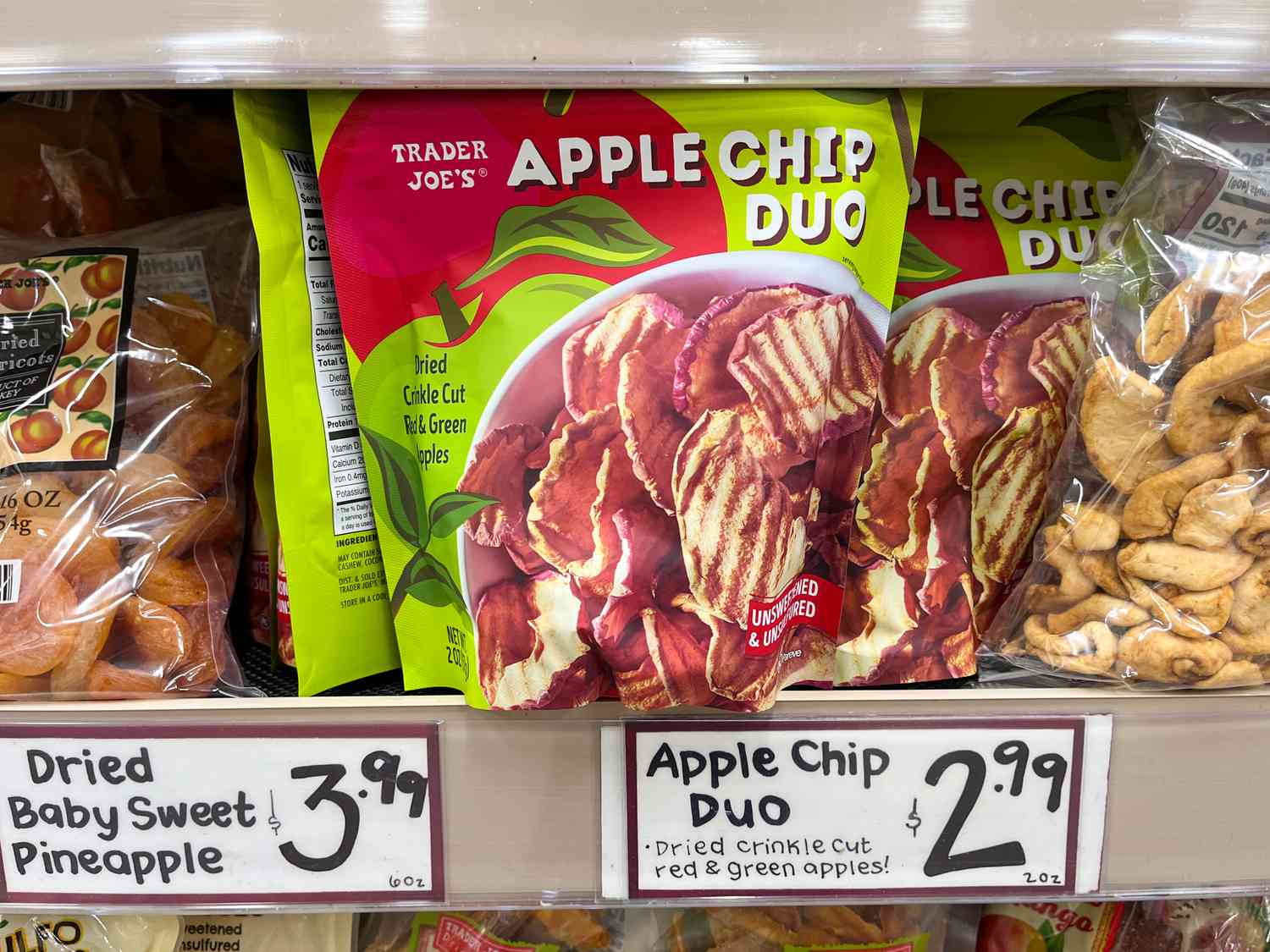 Trader Joe's Apple Chip Duo on the shelf with the price showcased
