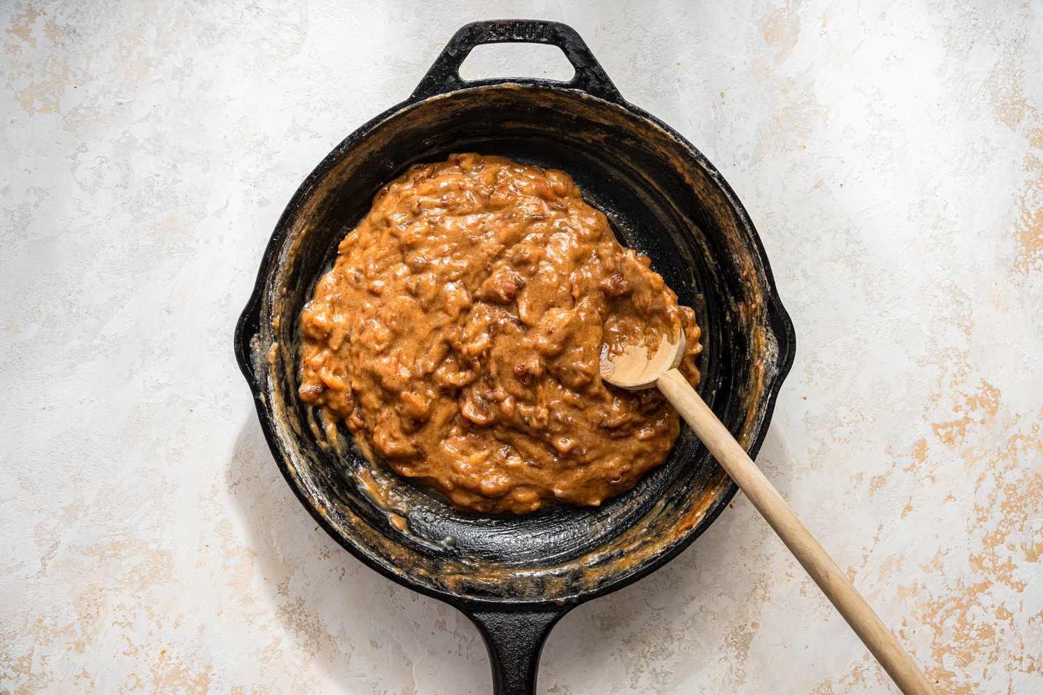 Date-sugar paste in the cast iron skillet for date skillet recipe