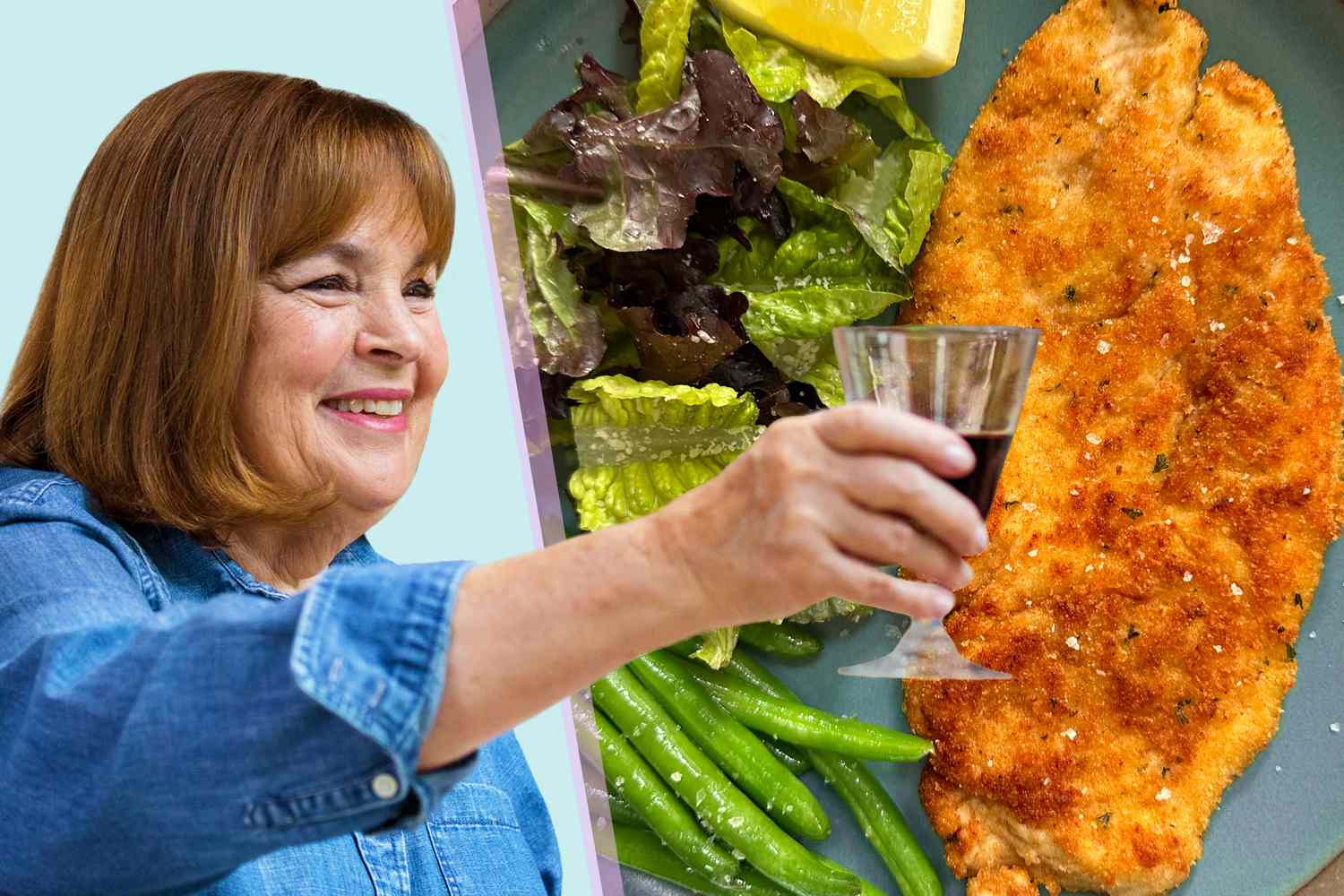 Ina Garten photo cut out over an image of a chicken dish