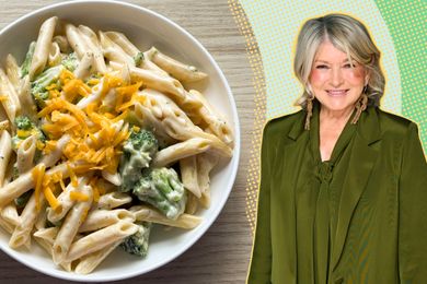 Split image of Martha Stewart and a bowl of penne pasta mac and cheese with broccoli