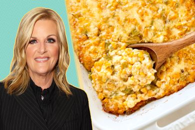 Trisha Yearwood alongside a casserole dish with a wooden spoon in it