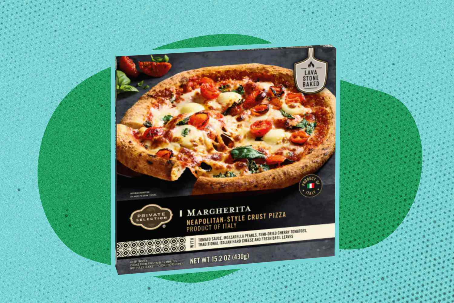 Package of Kroger Private Collection Margherita Neapolitan-Style Crust Frozen Pizza on a speckled green and blue background